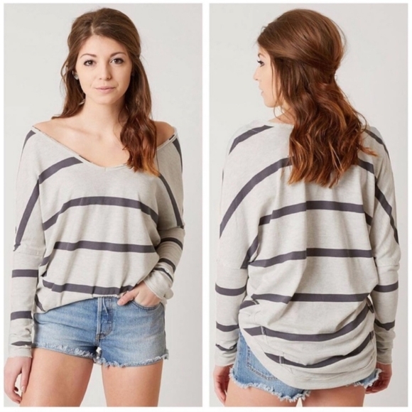 Free People Tops - Free People oversized hi-low black gray striped cotton frayed blouse tunic top